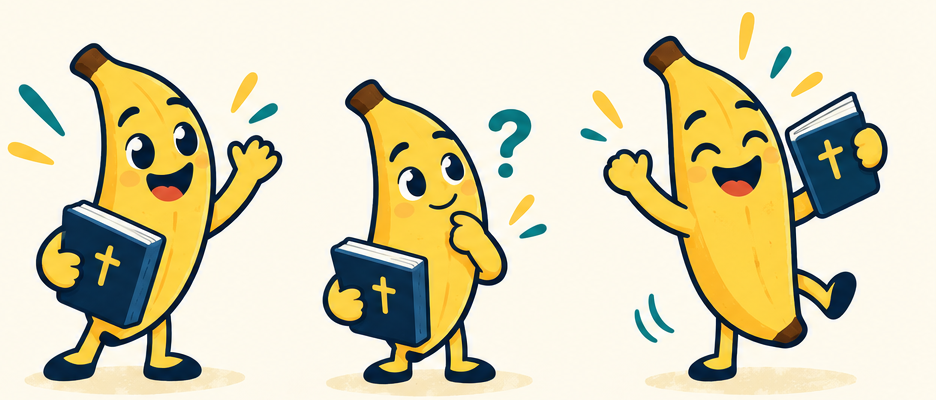 Bible Bananas characters waving and holding Bibles